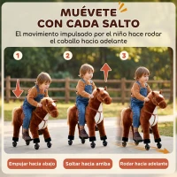 HOMCOM Caballo de Juguete para Niños de +2 Años con Ruedas Sonidos y Estructura de Metal Carga 60kg 65x28x75 cm Marrón(m-6)