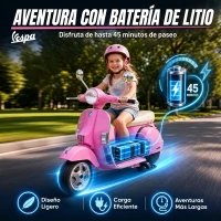 AIYAPLAY Moto Eléctrica Niños 12V Vespa PX150 Ruedas Auxiliares 2 Motores Suspensión Trasera Música Faros 3 km/h 3-6 Años Rosa(m-14)