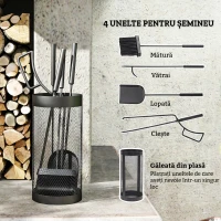 Outsunny Set Accesorii Șemineu 5 Piese Metal cu Coș Mătură Lopată Clești Negru(m-4)