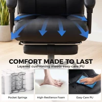 HOMCOM Executive Office Chair, 180kg Big and Tall PU Desk Chair with Linked Armrests, Pocket Spring Cushion, Adjustable Height, Rocking Function, 165° Reclining Backrest, Footrest, PU Casters, Black(m-5)