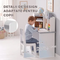 AIYAPLAY Set birou și scaun pentru copii cu suport pentru pixuri, suport reglabil pentru tabletă, dulapuri și tablă din plută, gri(m-7)