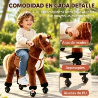HOMCOM Caballo de Juguete para Niños de +2 Años con Ruedas Sonidos y Estructura de Metal Carga 60kg 65x28x75 cm Marrón(m-7)