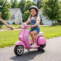 AIYAPLAY Moto Eléctrica Niños 12V Vespa PX150 Ruedas Auxiliares 2 Motores Suspensión Trasera Música Faros 3 km/h 3-6 Años Rosa(m-16)
