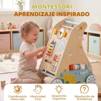 AIYAPLAY Andador Madera Bebé 3 en 1 con Juguetes Montessori Panel Desmontable de Doble Cara Almacenaje Ruedas 1-3 Años Natural(m-9)
