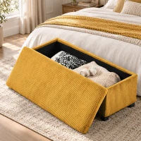 HOMCOM Banco Almacenaje Capacidad de 84 L 112x42x40cm Tapizado en Pana Pie de Cama para Sala de Estar Dormitorio Amarillo(m-9)