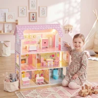 AIYAPLAY Casa de Bonecas em Madeira de 3 Andares com Luzes LED, Varanda e 8 Móveis, Rosa, 3-6 Anos(m-2)