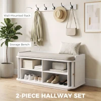HOMCOM Hallway Storage Unit, Hallway Furniture Set with Shoe Storage Cabinet and 5 Hooks Coat Rack, White(m-4)