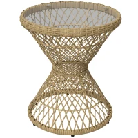 Outsunny Couchtafel Bijzettafel Boho-Design, Glazen Blad, PE-Rattan, 45 cm x 45 cm x 52 cm, Natuurlijk(m-9)