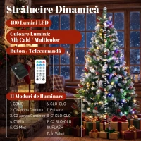 HOMCOM Brad de Crăciun Înzăpezit 210 cm, 400 de Lumini LED Bicolore, Telecomandă, 11 Modalități, 1253 de Ramuri, Conuri de Pin, Fructe Roșii(m-5)