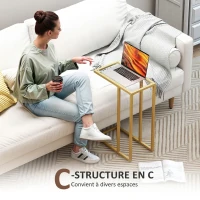 HOMCOM Table d'appoint en forme de C avec plateau en verre trempé, cadre en acier, doré(m-4)