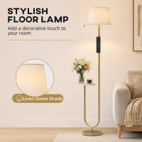 HOMCOM Modern Floor Lamp with Shelf, Dimmable Floor Lamp with Linen Shade, RF Remote and Foot Switch for Living Room, Gold Tone(m-6)