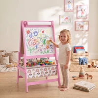 AIYAPLAY Cavalete Infantil 3 em 1 Dupla Face, Quadro Negro e Quadro Branco, Rolo de Papel, Cestos, Prateleira, 3-8 Anos, Rosa(m-4)