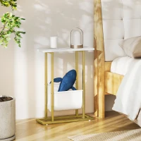 HOMCOM Narrow Side Table, End Table with Magazine Holder, Nightstand for Small Spaces, Living Room, Bedroom, White Marble Grain(m-10)