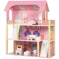 AIYAPLAY Casa de Muñecas de Madera 3 Pisos con Balcón Escaleras y 10 Muebles Juguete de Imitación para Niños de 3 a 6 Años Rosa(m-1)
