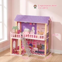 AIYAPLAY Groot poppenhuis, 69 cm hoog, 2 verdiepingen, met 2 poppen, 11 meubels, trap en balkon, roze, voor meisjes van 3-6 jaar(m-3)