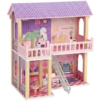 AIYAPLAY Casa delle Bambole in Legno per Bambini, 2 Piani, 11 Mobili e 2 Bambole, Regalo per Ragazze 3-6 Anni, Rosa(m-10)