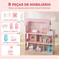 AIYAPLAY Casa de Bonecas em Madeira de 3 Andares com Luzes LED, Varanda e 8 Móveis, Rosa, 3-6 Anos(m-5)