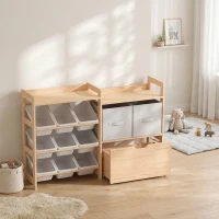 AIYAPLAY Meuble Rangement Enfant, Rangement Jouet Enfant, 9 Bacs, 2 Tiroirs Tissu, Tiroir en Bois sur Roulettes, Naturel et Blanc(m-2)