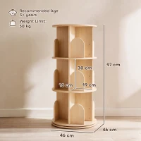 AIYAPLAY 3-Tier Rotating Bookcase, Round Kids Bookshelf Floor Standing 360° Rotating for Bedroom, Kids Room and Playroom, Natural(m-3)