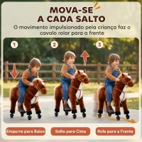 HOMCOM Cavalo de Brinquedo para Crianças de +3 Anos com Rodas Sons e Estrutura de Metal Carga 60kg 65x28x75 cm Castanho(m-6)