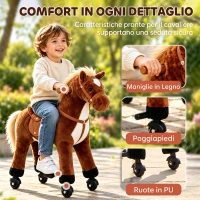 HOMCOM Cavallo a Dondolo per Bambini 2+ Anni con 4 Rotelle e Suoni Realistici, Dondolo per Bambini Imbottito con Poggiapiedi, 65x28x75 cm, Marrone(m-7)