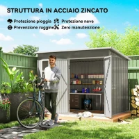 Outsunny Casetta da Giardino 4.13m² in Acciaio Zincato Kit di Fondazione, Tetto Inclinato, Doppia Porta Bloccabile, Prese d'Aria, Finestra, Grigio(m-3)