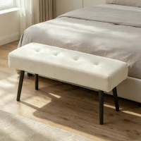 HOMCOM Banco Pie de Cama Tapizado en Pana con Asiento Acolchado Diseño Capitoné y Patas de Acero para Dormitorio Blanco Crema(m-9)