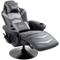 HOMCOM Gamingsessel, Massagefunktion, neigbare Lehne, Fußstütze, bis 120 kg, Stahlrahmen, Kunstleder, Grau(m-11)