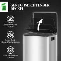 HOMCOM Mülleimer mit 2x20L Fächern, Soft-Close-Deckel, Fingerabdrucksicher, Edelstahl, Silber(m-6)