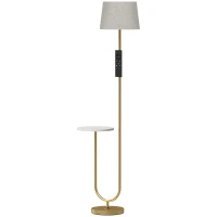 HOMCOM Modern Floor Lamp with Shelf, Dimmable Floor Lamp with Linen Shade, RF Remote and Foot Switch for Living Room, Gold Tone(m-1)