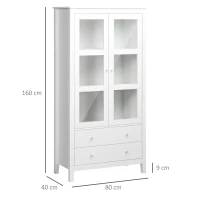 HOMCOM Vitrina de Salón Aparador de Cocina con 2 Puertas de Vidrio 3 Estantes 2 Cajones para Comedor Oficina 80x40x160cm Blanco(m-3)