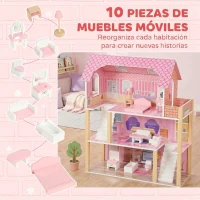 AIYAPLAY Casa de Muñecas de Madera 3 Pisos con Balcón Escaleras y 10 Muebles Juguete de Imitación para Niños de 3 a 6 Años Rosa(m-5)