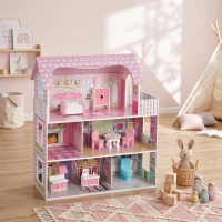 AIYAPLAY Maison de Poupée en Bois pour Enfants, Maison de Rêve Filles, 6 Pièces, Éclairage LED et 8 Meubles, 3-6 ans, Rose(m-2)