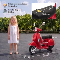 AIYAPLAY Moto Eléctrica Niños 12V Vespa PX150 Ruedas Auxiliares 2 Motores Suspensión Trasera Música Faros 3 km/h 3-6 Años Rojo(m-3)