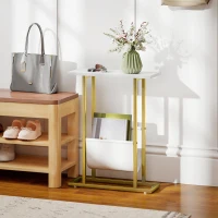 HOMCOM Narrow Side Table, End Table with Magazine Holder, Nightstand for Small Spaces, Living Room, Bedroom, White Marble Grain(m-8)