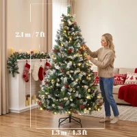 HOMCOM Brad de Crăciun Înzăpezit 210 cm, 400 de Lumini LED Bicolore, Telecomandă, 11 Modalități, 1253 de Ramuri, Conuri de Pin, Fructe Roșii(m-3)
