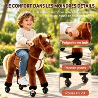 HOMCOM Cheval à Monter pour Enfant, Cheval à Roulettes en Peluche, Sons Réalistes, Poignée, 75 cm de Haut, Marron(m-7)