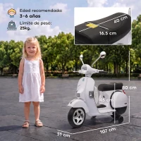 AIYAPLAY Moto Eléctrica Niños 12V Vespa PX150 Ruedas Auxiliares 2 Motores Suspensión Trasera Música Faros 3 km/h 3-6 Años Blanco(m-3)
