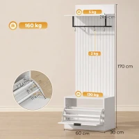 HOMCOM Cabideiro 5 em 1 Móvel de Entrada Banco para Sapatos Gaveta Basculante Prateleiras Reguláveis 4 Ganchos Branco(m-3)