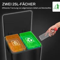 HOMCOM Mülleimer mit 2x25L Fächern, Soft-Close-Deckel, Fingerabdrucksicher, Edelstahl, Schwarz(m-4)