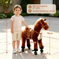 HOMCOM Cavallo a Dondolo per Bambini 2+ Anni con 4 Rotelle e Suoni Realistici, Dondolo per Bambini Imbottito con Poggiapiedi, 65x28x75 cm, Marrone(m-3)