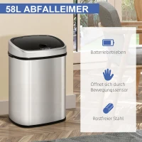 HOMCOM Mülleimer mit Sensor 58L Automatik Abfalleimer mit Bewegungssensor, Wasserdichter Abfallbehälter aus Edelstahl für Küche, Büro, Schlafzimmer Silber(m-4)