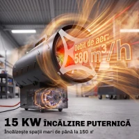 Outsunny Încălzitor Industrial cu Propan, Portabil, 15 kW, cu Aprindere Piezoelectrică, Negru(m-4)