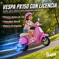 AIYAPLAY Moto Eléctrica Niños 12V Vespa PX150 Ruedas Auxiliares 2 Motores Suspensión Trasera Música Faros 3 km/h 3-6 Años Rosa(m-12)