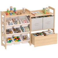AIYAPLAY Meuble Rangement Enfant, Rangement Jouet Enfant, 9 Bacs, 2 Tiroirs Tissu, Tiroir en Bois sur Roulettes, Naturel et Blanc(m-17)