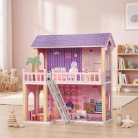 AIYAPLAY Casa delle Bambole in Legno per Bambini, 2 Piani, 11 Mobili e 2 Bambole, Regalo per Ragazze 3-6 Anni, Rosa(m-7)