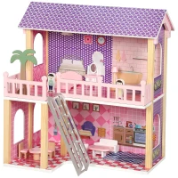 AIYAPLAY Casa delle Bambole in Legno per Bambini, 2 Piani, 11 Mobili e 2 Bambole, Regalo per Ragazze 3-6 Anni, Rosa(m-1)