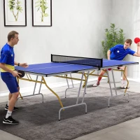 SPORTNOW Mesa de Ping Pong Plegable Mesa de Tenis de Mesa Diseño Compacto con Red y Reposapiés Ajustables 274x152,5x76 cm Azul(m-10)
