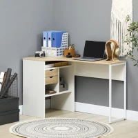 HOMCOM Escritorio Esquinero en L 120x60 cm con 2 Cajones y 3 Compartimentos Abiertos para Oficina Estudio Natural y Blanco(m-10)