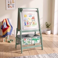 AIYAPLAY Art Easel for Kids, 3-in-1 Kids Easel with Chalkboard, Whiteboard, Paper Roll, Storage, Under-Board Shelf for 3-8, Green(m-8)